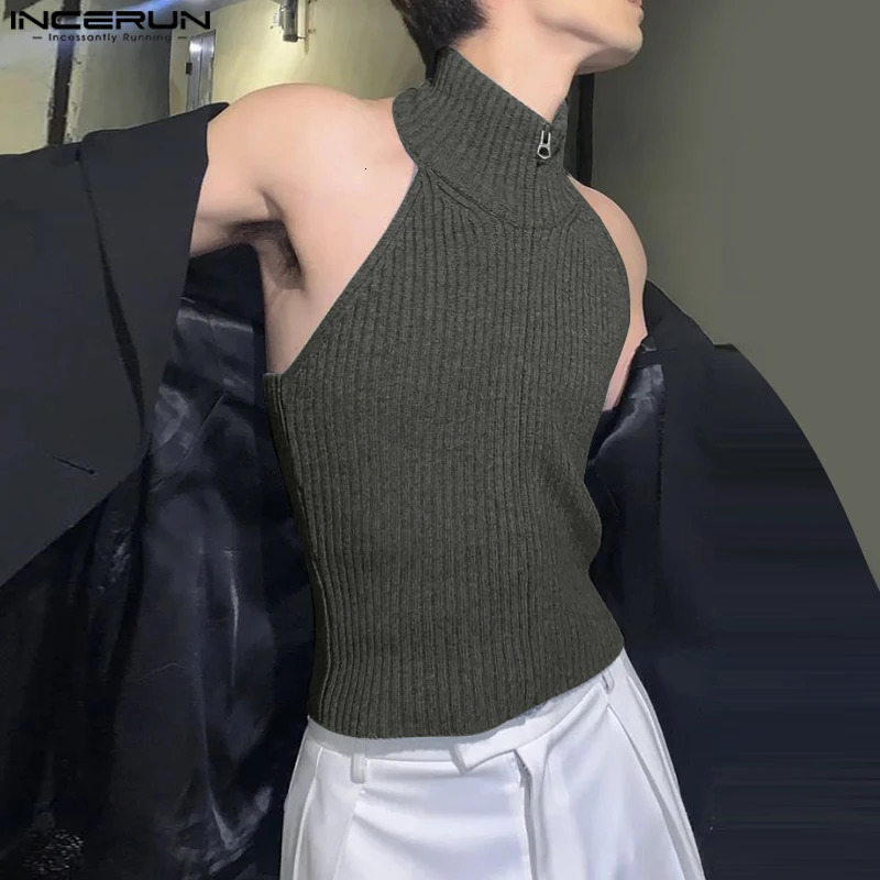INCERUN Tops 2025 Korean Style Fashion Mens Knitted Texture Hanging Neck n Vests Casual Streetwear Solid Zipper Tank 260312