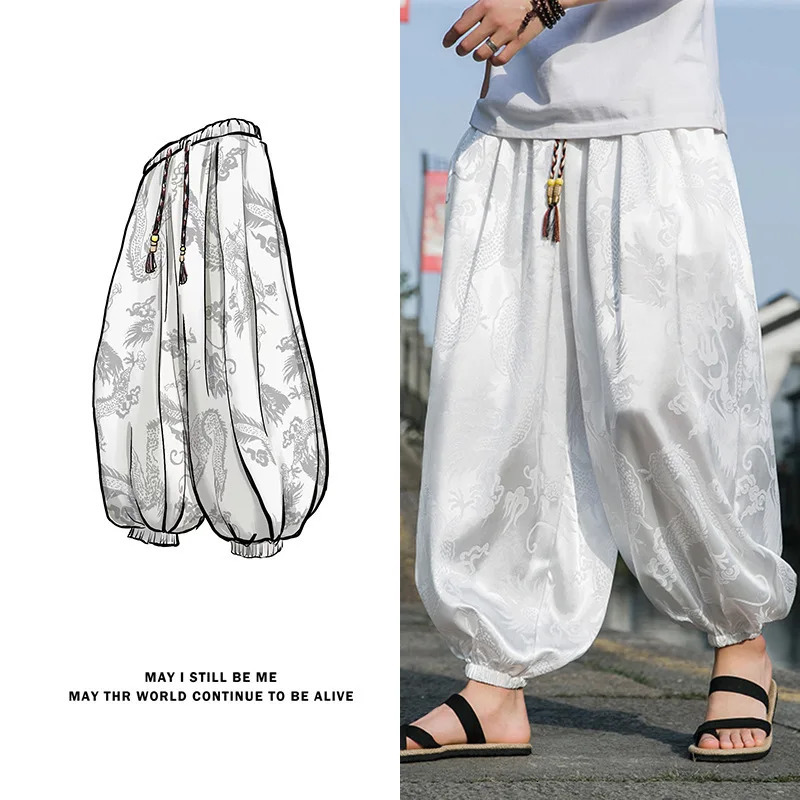 FGKKS Outdoor Pants For Men Lce Silk Dragon Dark Flower Loose Bloomers High Quality Wide Leg Casual Trousers Male 260330