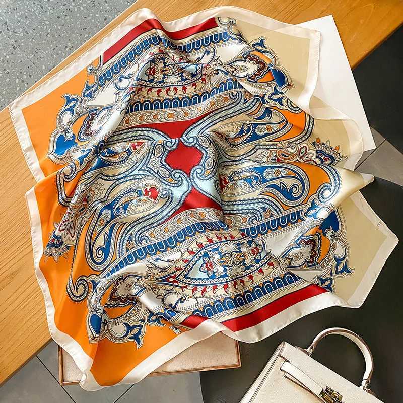 Blue Fashion Print 7070cm Silk Square Scarf Women Soft Satin Hairband Neckerchief Tie Female Headband Foulard Bag Ribbon Z260330