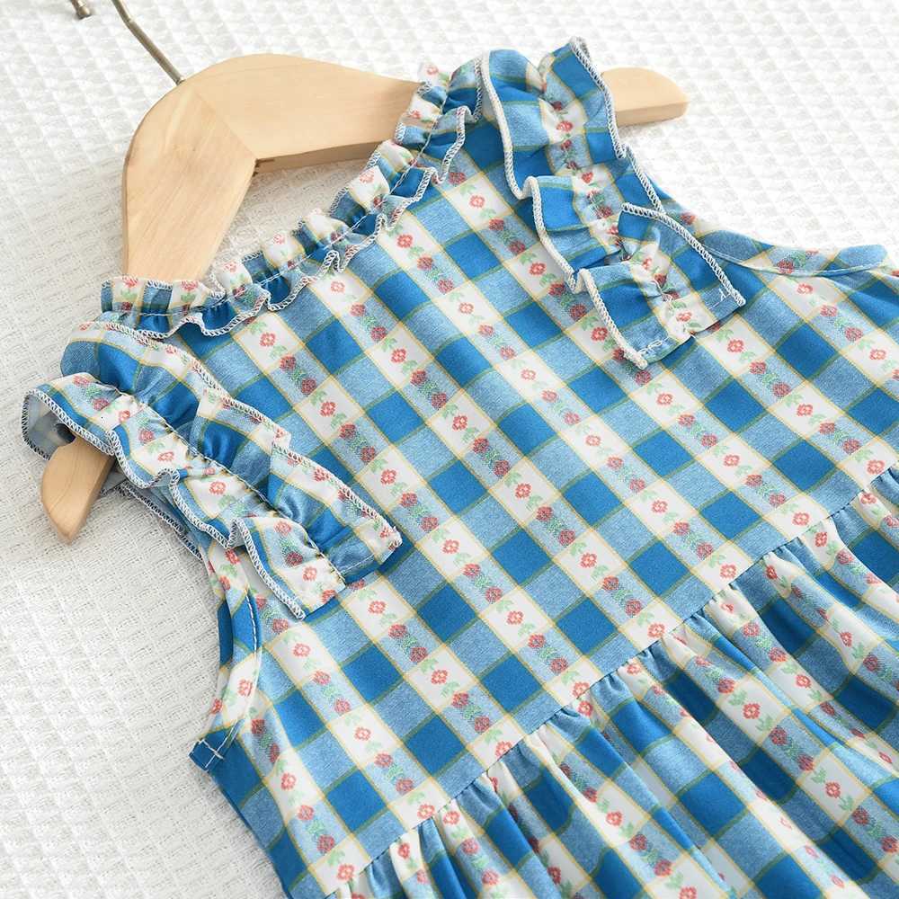 Bear Leader New Girls Flower Print Princess Dresses Wood Ear Edge Plaid Waistband Casual Kids Clothes Fashion Summer WearT260330