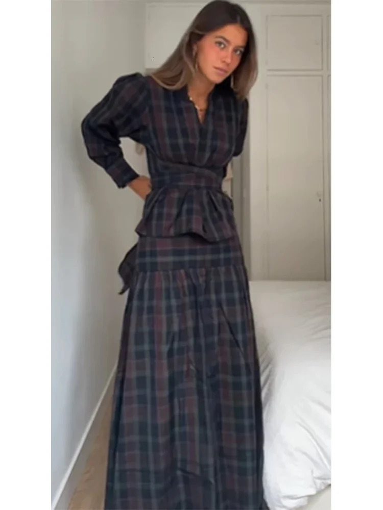 Women Casual Pleated Checkered Lace Up Suit Elegant Long Lantern Sleeves Slimfit Set Autumn Office Lady Commuteoutfits 260326