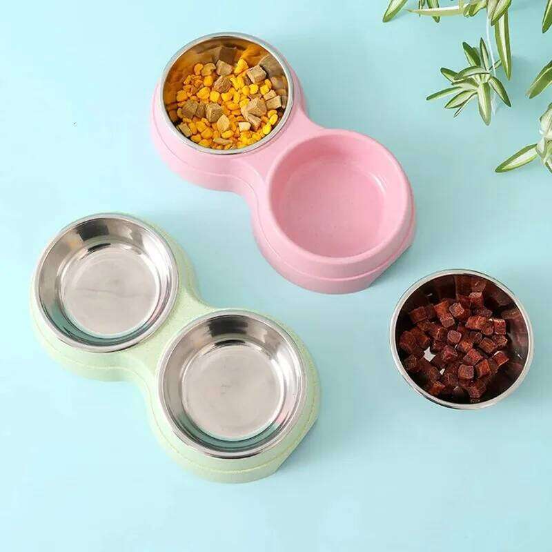 FGG Double Bowls Food Water Stainless Steel Pet Drinking Dish Feeder Cat Puppy Feeding Supplies Small Dog Accessories 26W0330