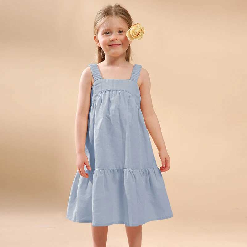 Girls Cotton And Linen Sleeveless Straps Dress Summer New Ruffled Hem Casual Vacation Backless Linen DressesT260330
