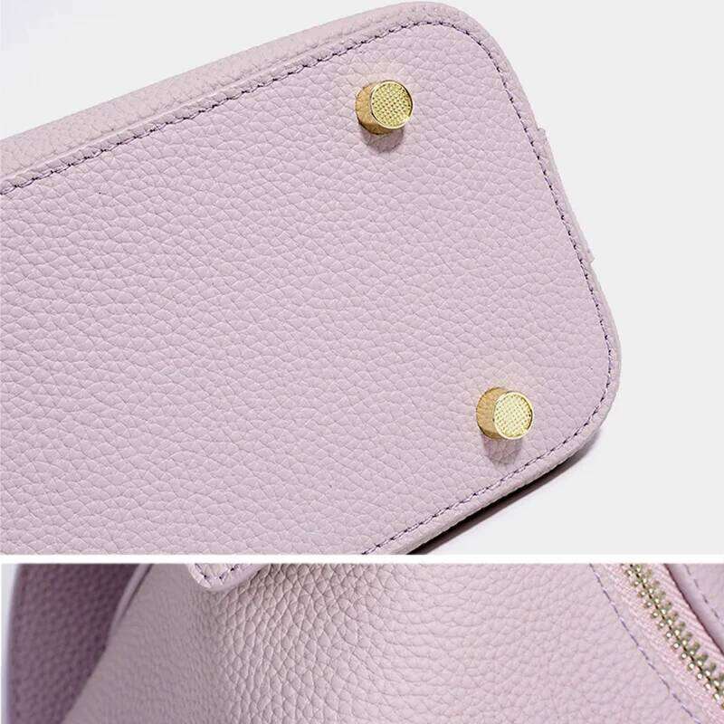Women S Plain Color Genuine Leather Handbag Fashionable All Match Casual Versatile Trendy Single Shoulder Bag With Lock Design