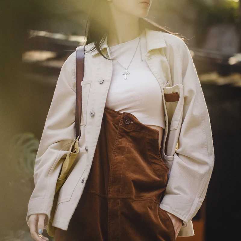 Maden Women Cotton Seed Shell Denim Jacket 135OZ 4-pocket Design Vintage Cargo Jackets Outdoor Streetwear White Denim CoatT260328