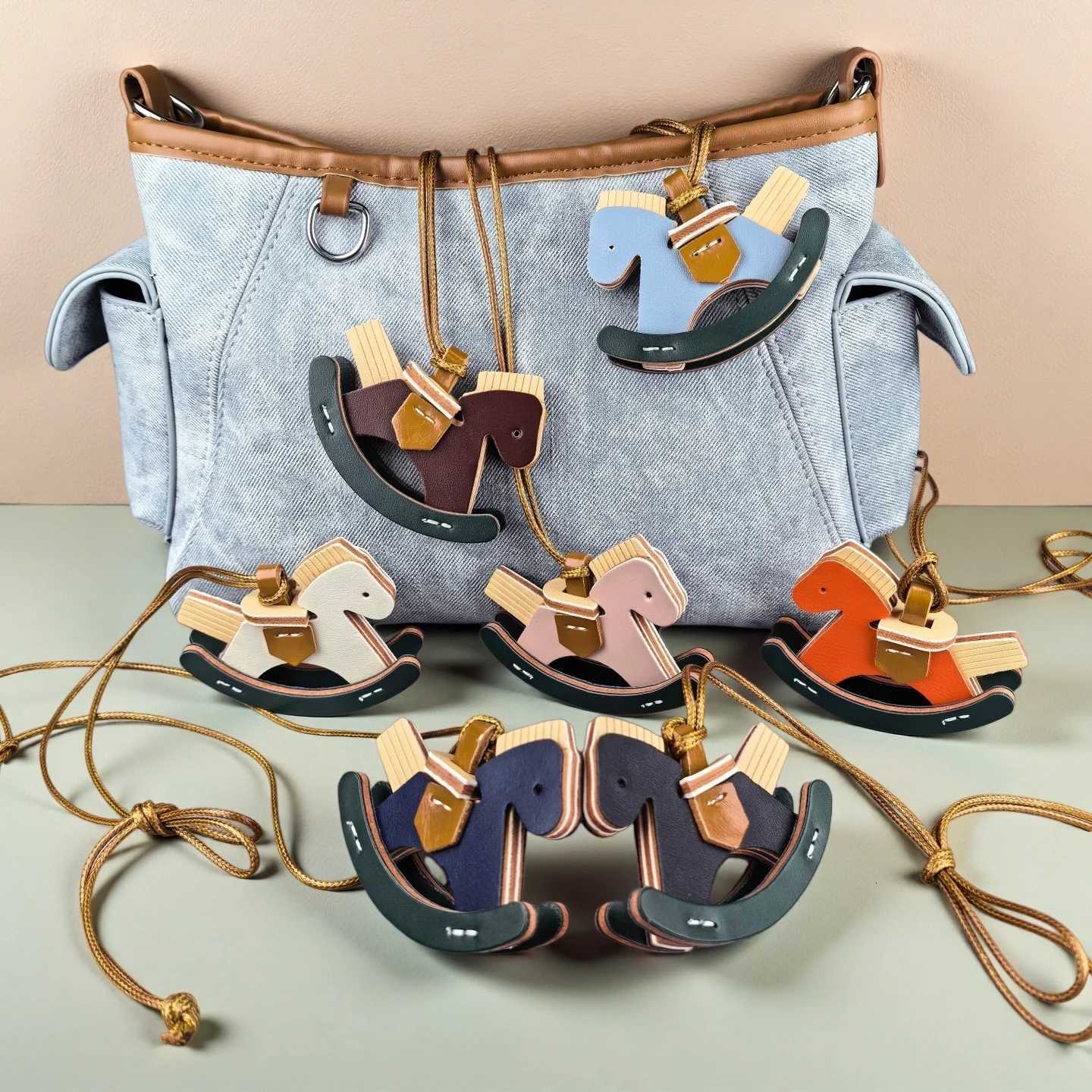 3D Thick Hard PU Leather Rocking Horse Pendant Bag Charm with Long Rope Cute Keychain Decoration Premium Leather Piece Assembled Z260330