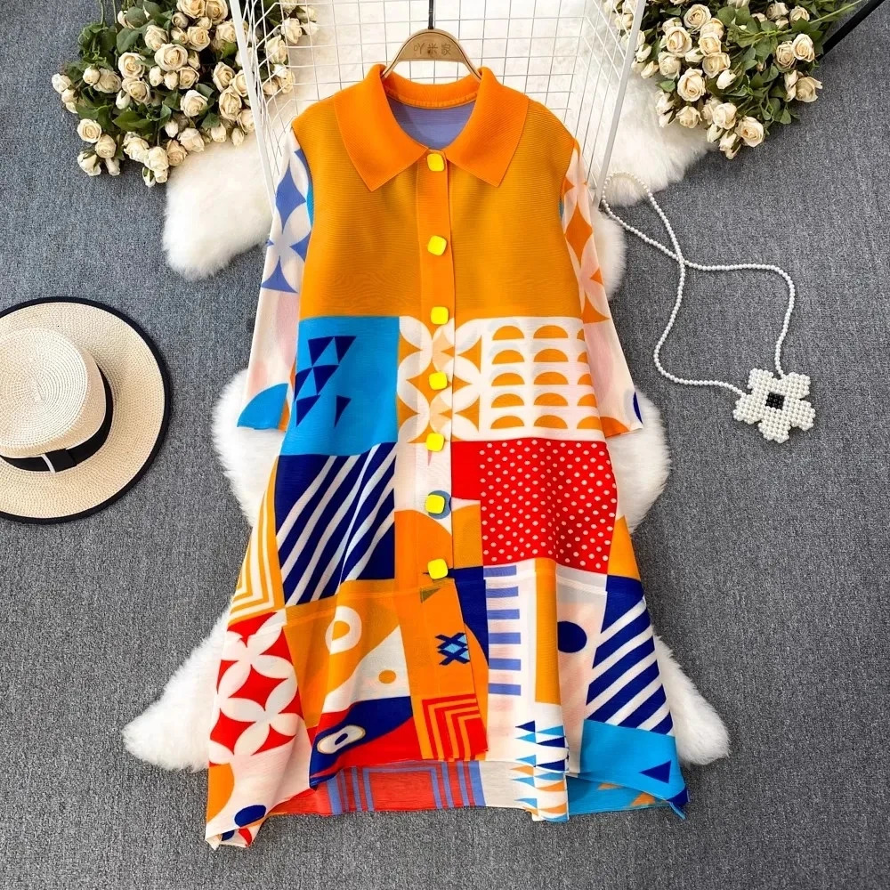 Miyake Pleated Drape Dress Women Spring Summer Colorblock Printing Lapel 34 Sleeve Single-breasted Fashion Shirt Dresses 260324