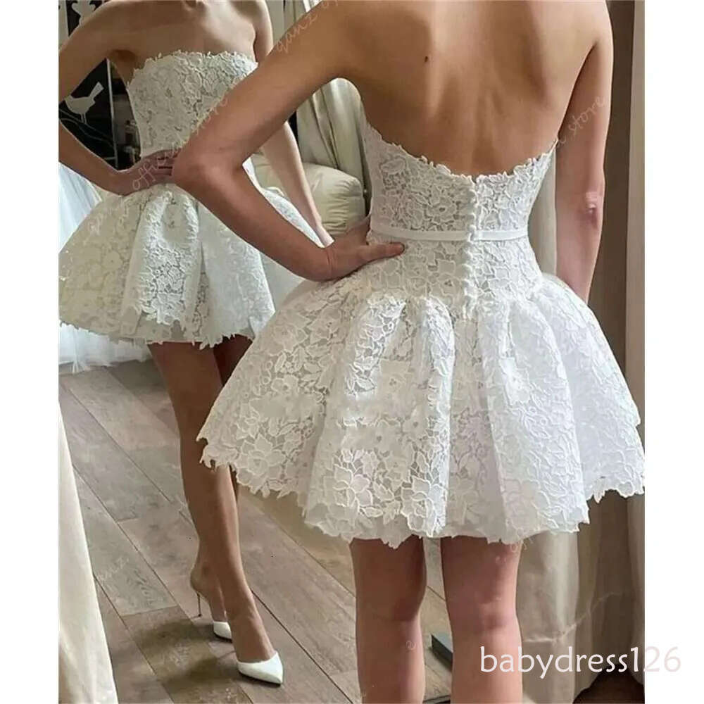 NEW Short lace Wedding Dress Strapless A Line Backless Birthday Bride Party Night Gowns Vestidos Novia Robes De Mariage ZD19