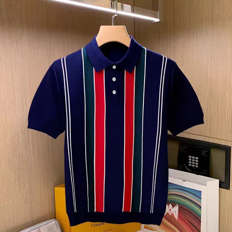 Summer New Style Slim-fit Men's Vertical Stripe T-shirt Retro Color-blocked Lapel Knitted Top Designer Short-sleeved Polo Shirt