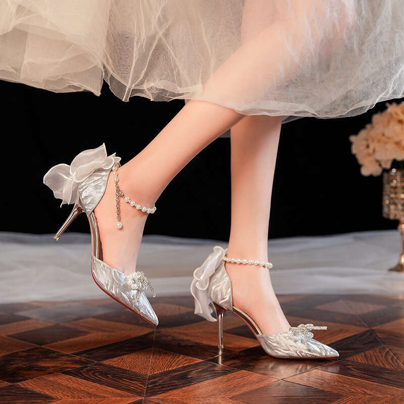 Women Peep Shallow Mouth Wedding Bridesmaid Stiletto Pointed Toe High Heels French Style Elegant Socialite Women S Shoes