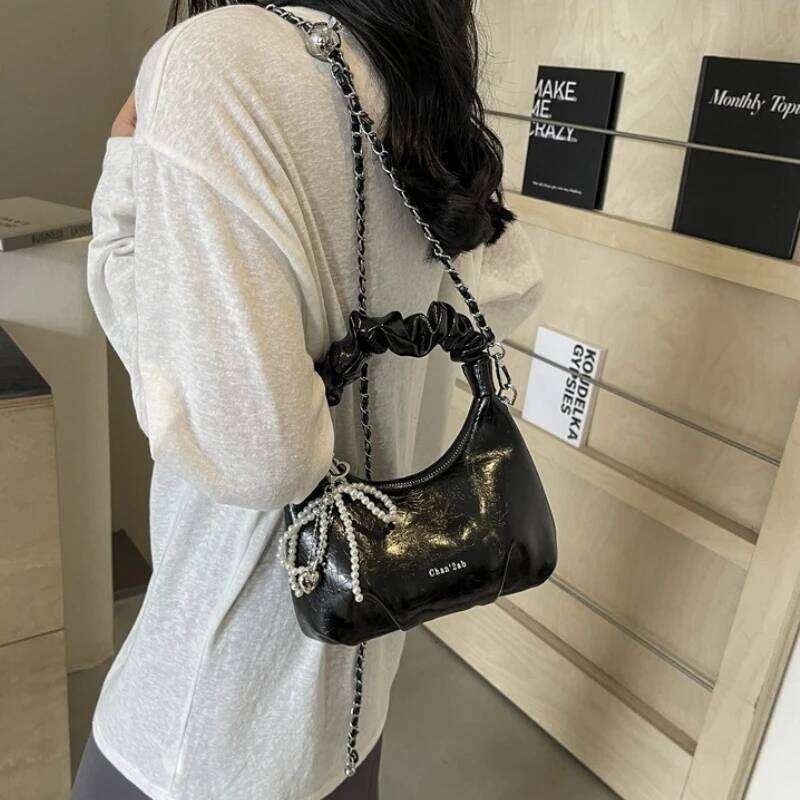 Hot Y K New Underarm Bags For Women Pleated Handle Design Ladies Pearl Bow Handbag Adjustable Strap Shoulder Crossbody Bag XIU LAI SI
