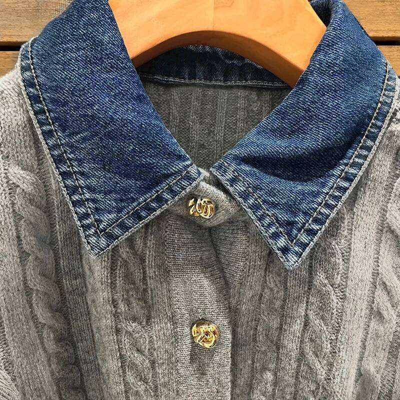 Women's Gray Gold Single Breasted Denim Splicing Twist Sweater 2025 New Knitted Cardigan Mdng260330