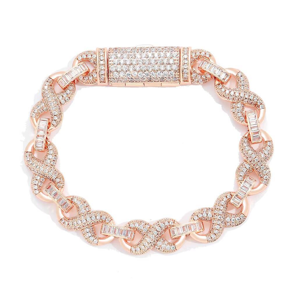 New Trendy Hip Hop Jewelry 10mm Wide Bling CZ Iced Out Infinity Chain Bracelet Rose Gold Plated Infinite Bracelet for Women Men