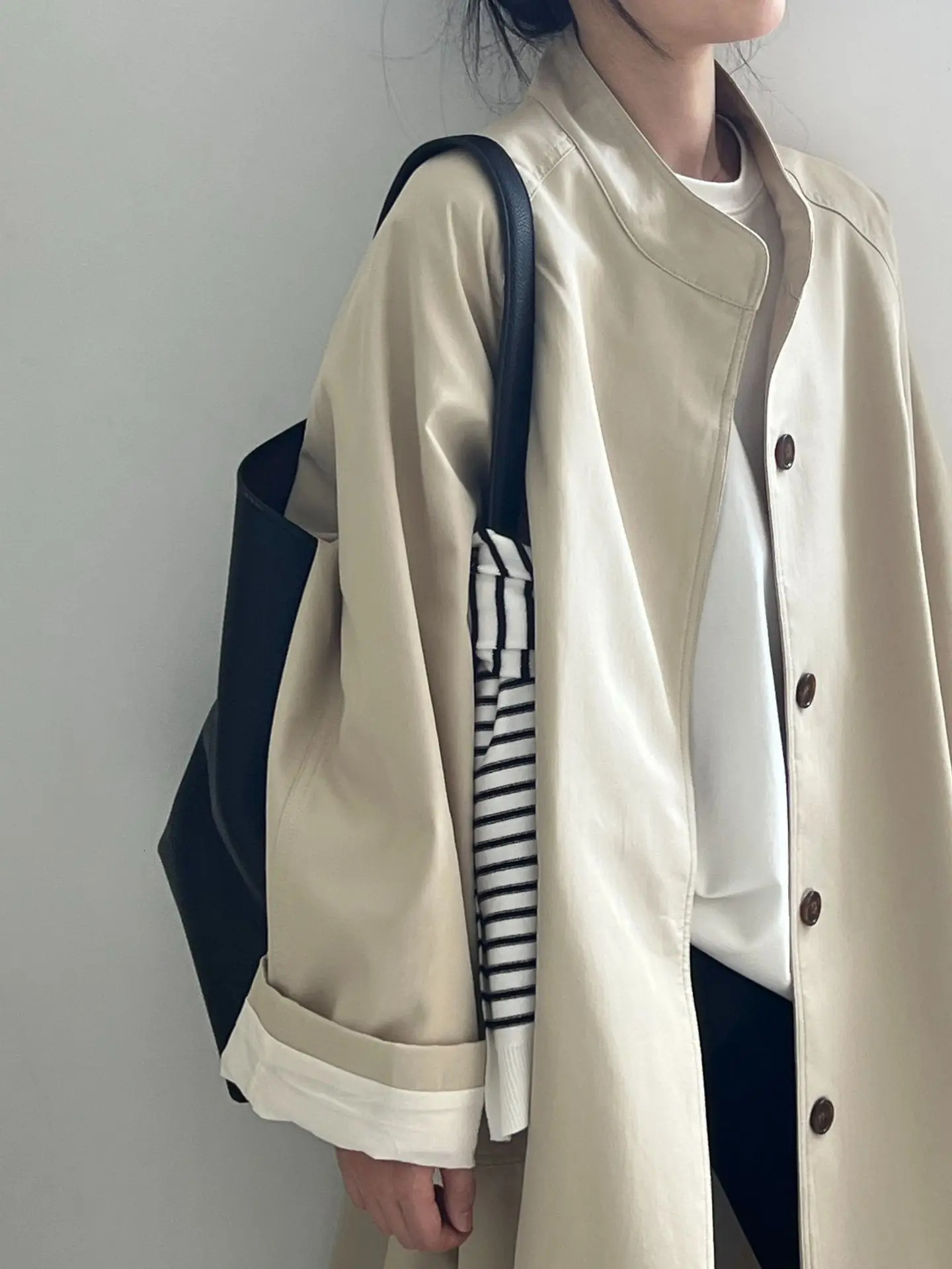 Stand Neck Long Trench Coat Women Spring Casual Turn-down Collar Single-breasted Trench Coat 260327