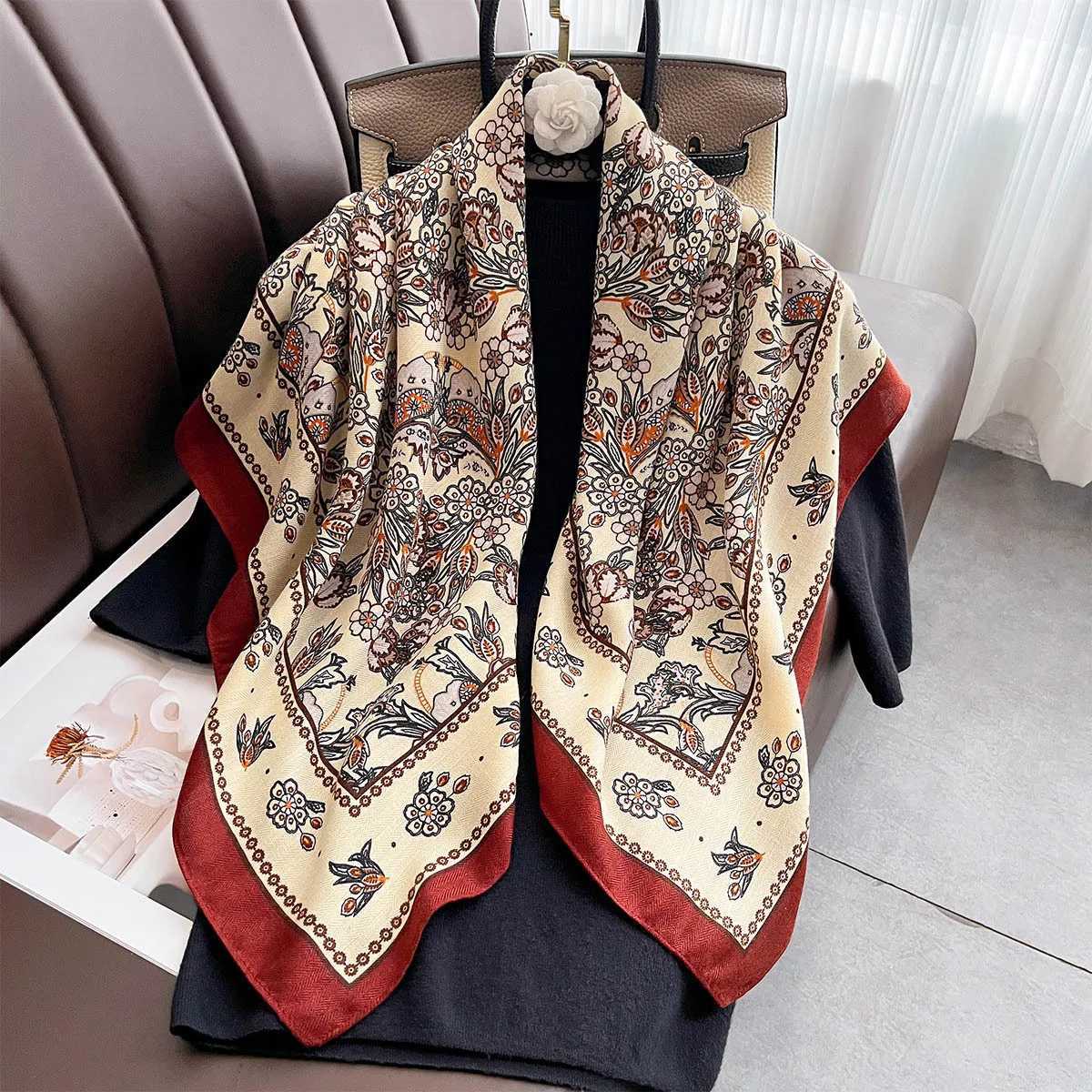 9090cm Retro Printed Square Scarf Women Imitation Silk Scarves Bandanas Summer Travel Shawl Wraps Elegant Hijab Neckerchief Z260330