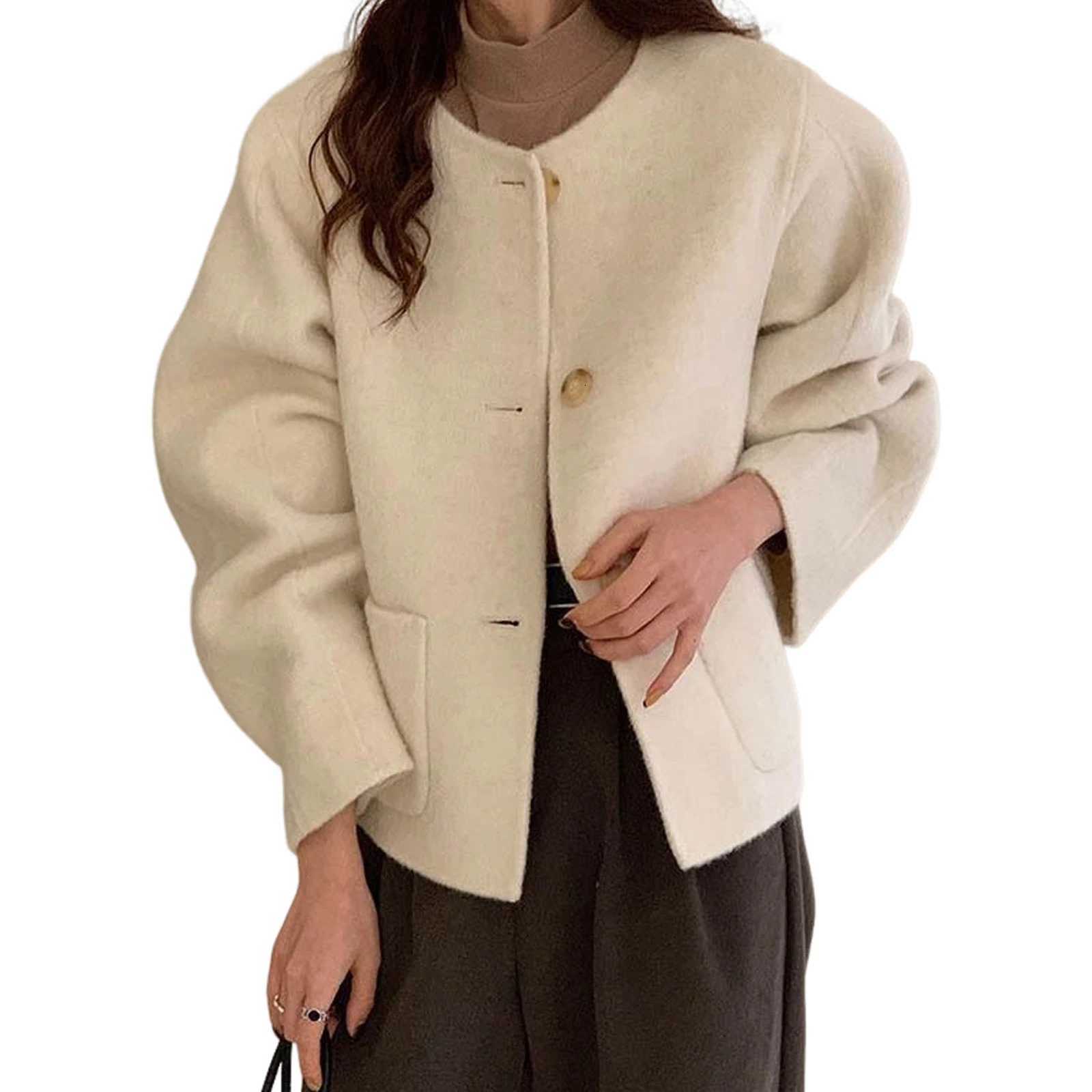 Round Neck Jacket Stylish Single-breasted Womens Coat for Fall Spring Long Sleeves Cardigan in Solid Color Loose Fit for DatingT260328