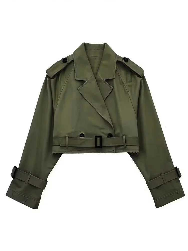 HH 2025 Women Belt Cropped Trench Spring Jacket Vintage Streetwear Double Breasted Long Sleeve Top Female Coat OutfitsT260328