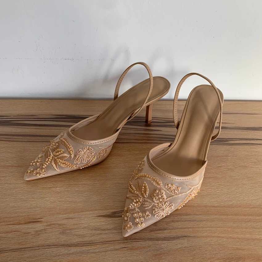 Mesh Embroidered Flowers High Heels Sandals Women 2025 Summer Sexy Slingback Pointed Toe Pumps Dress Shoes Sandalias De Mujer Z260330