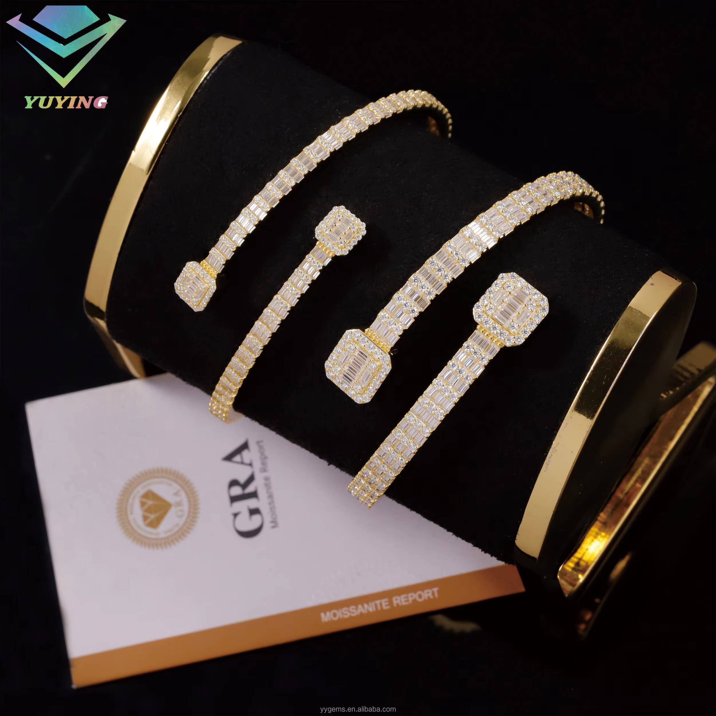 New Arrival Fashion Design S925 Silver 18k Gold Plated VVS Moissanite Baguette Diamond Cuban Link Bracelet with GRA Certificate