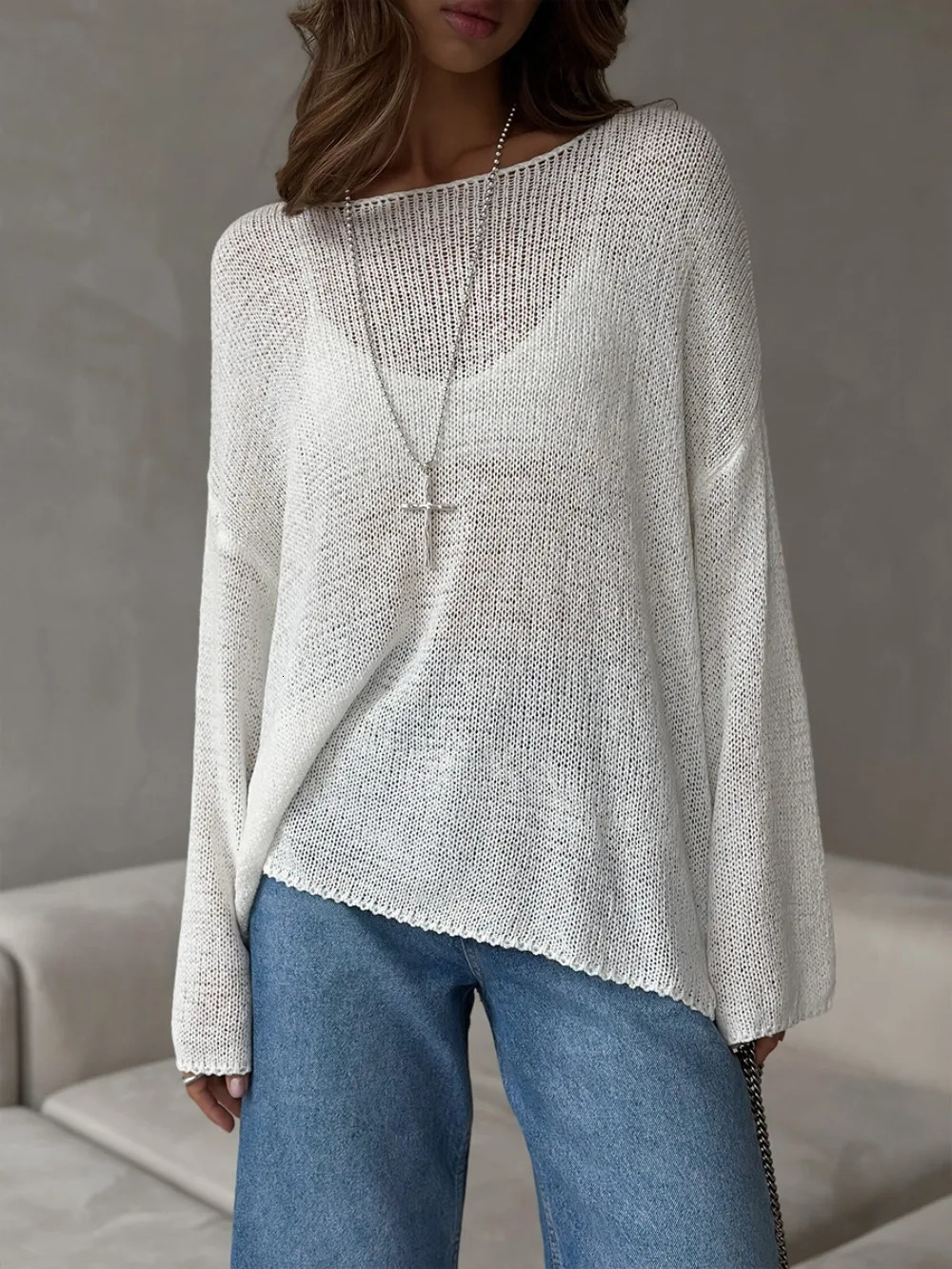 Simple Long Sleeved Cotton Knit Sweater Spring and Summer Women Micro Perspective Solid Color Versatile Elastic Loose Casual Top 260325