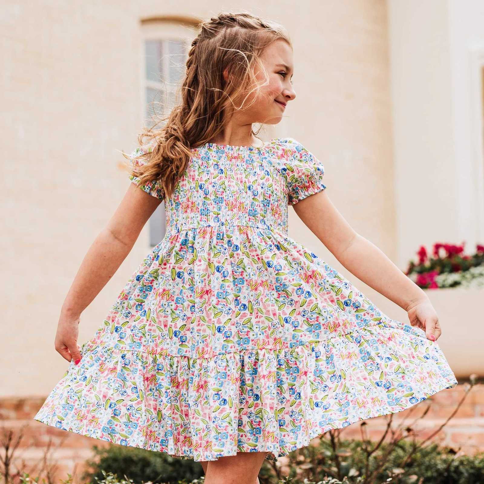 Kids Dress Baby Girls Clothes Short Sleeve 3 4 5 6 7 Y Summer Fashion Cute Casual Floral Love Printed Birthday Gift For KidsT260330