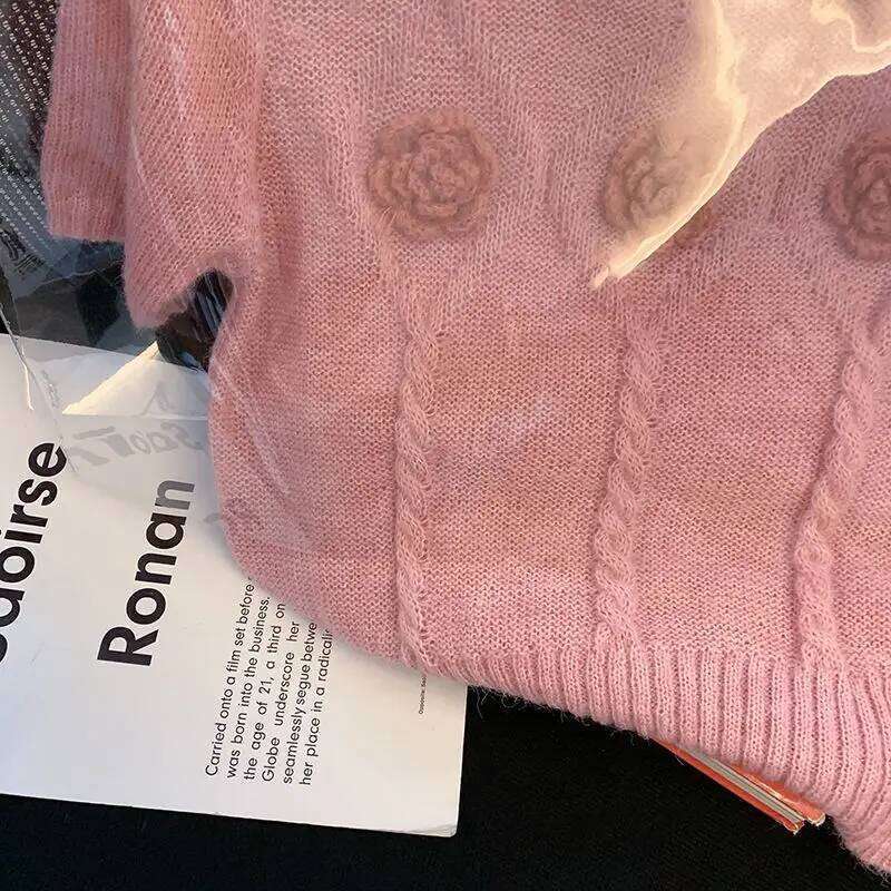 Matakawa Thin Sweaters Women Tops Spring Summer 3D Flowers Sweet Pullovers Korean Fashion Vintage Short Sleeve Pull Femme