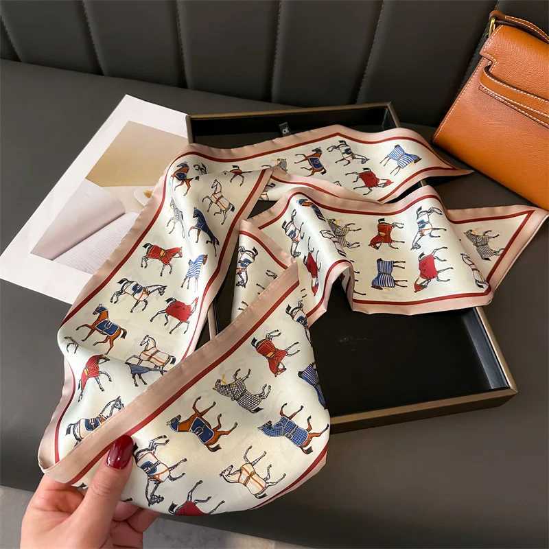 147x14cm Elegant Horse Print Scarf Graphic Ribbon Wen Cozy Imitation Silk Scarf Versatile Neckerchief Length Fashion band X260328