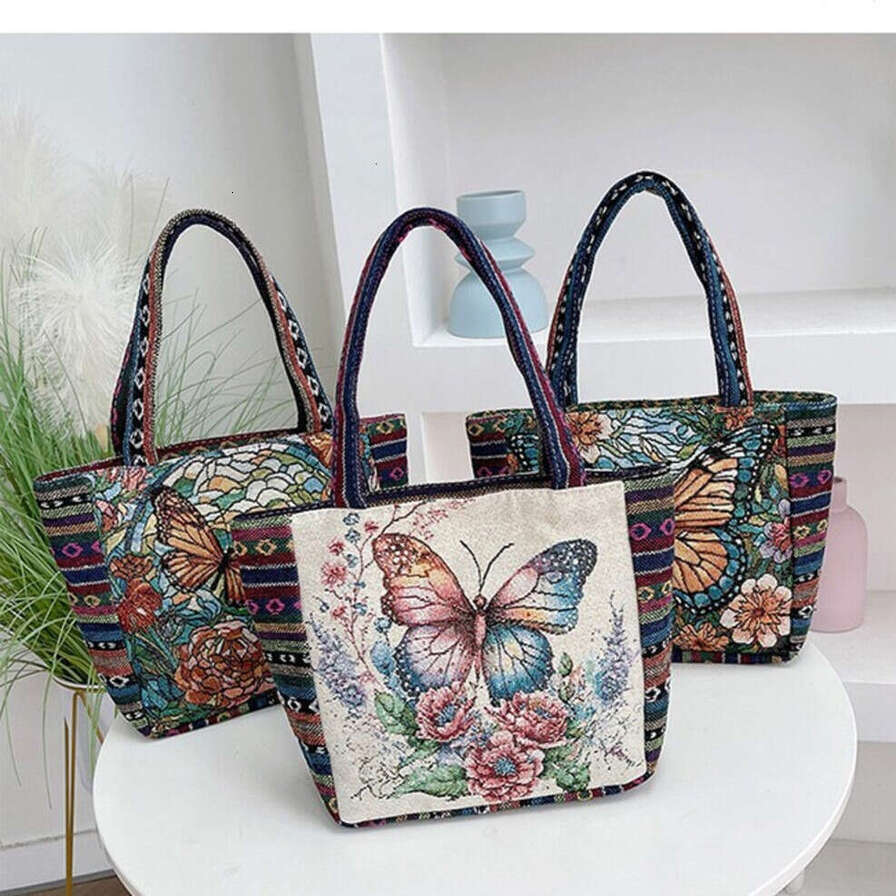 New Cartoon Embroidered Woven Jacquard Canvas Handbag, Large Capacity Cute Shoulder Tote Bag For Students Practical Package