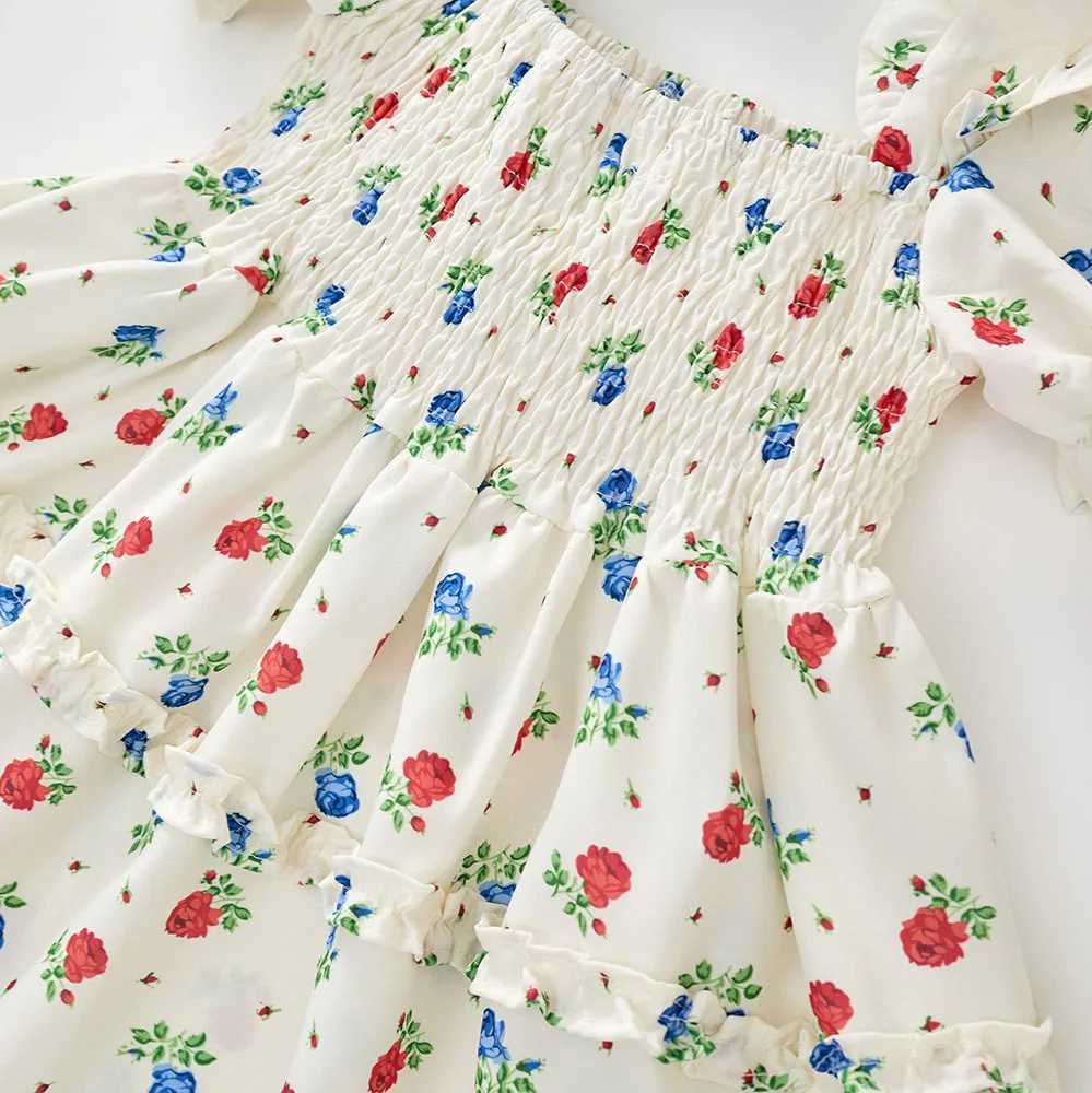 Girl Floral Short Sleeved Dress Summer New Childrens Clothing Square Neckline Pastoral Style Party Princess Dress Kids DressT260330