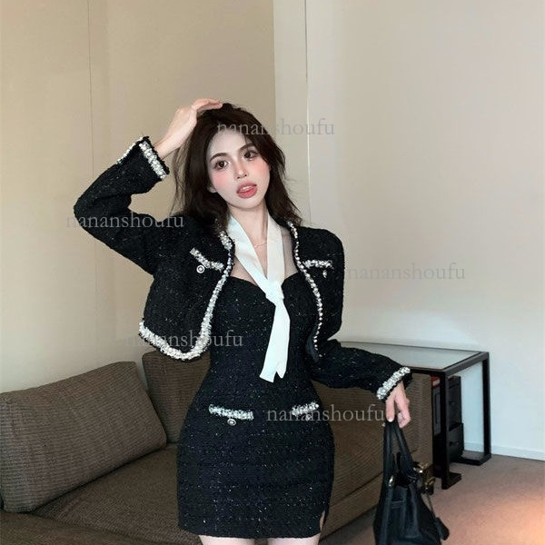 2026 Designer Set Luxury Brand Coarse Tweed Black Coat Trendy Spicy Girl Suspender Dress Short Skirt Small Two-piece Set Shopping Date Essential Women