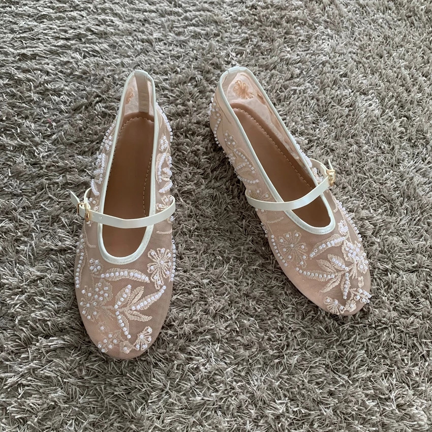Mesh Embroidery String Bead Design Women Ballet Flats Fashion Buckle Breathable Mary Jane Shoe Comfort Low Heel Soft Flat Sandal 260323