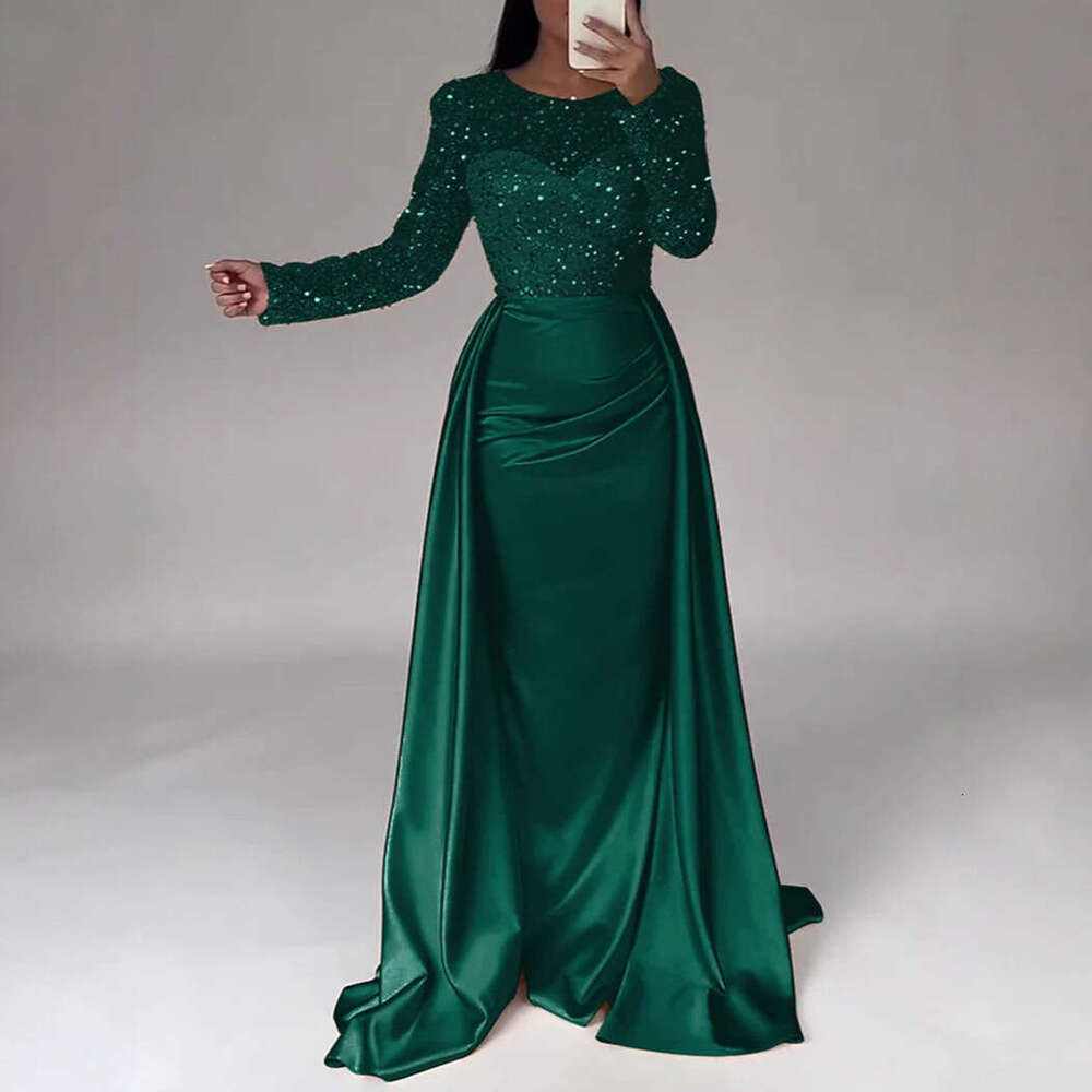 2026 European and American Cross-Border Women's Banquet Long Sleeve Elegant Socialite Annual Meeting Host Aura Queen Sequin Evening Dress