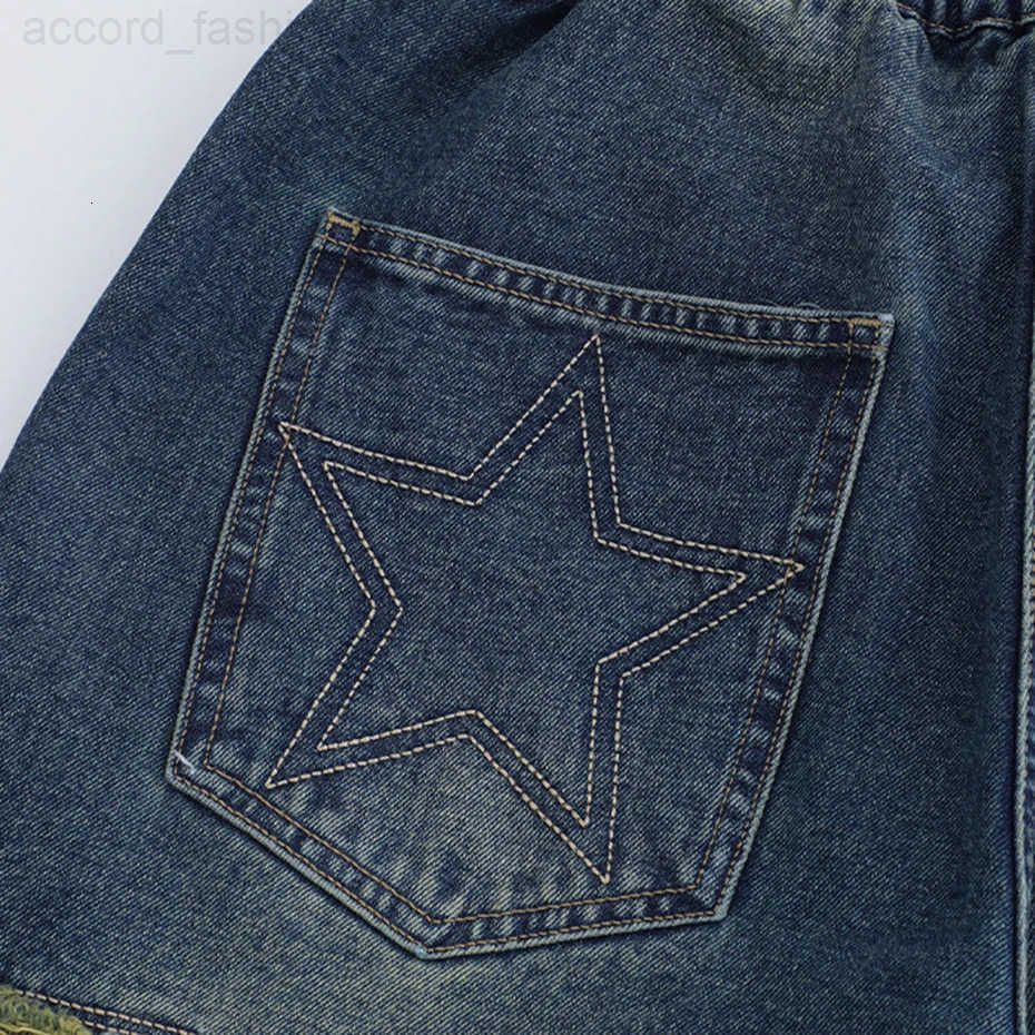 Retro Star Splicing Denim Shorts Men Summer Harajuku Streetwear Jeans Shorts Fashion Casual Loose Blue Denim Shorts Unisex H260330