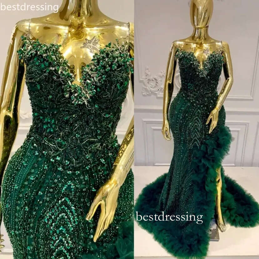 2026 Mermaid Emerald Green Prom Dresses For Black Women V Neck Robe De Mariee Formal Gowns Illusion Beaded Lace Side Split Robe De Soiree Luxe 0203 D0