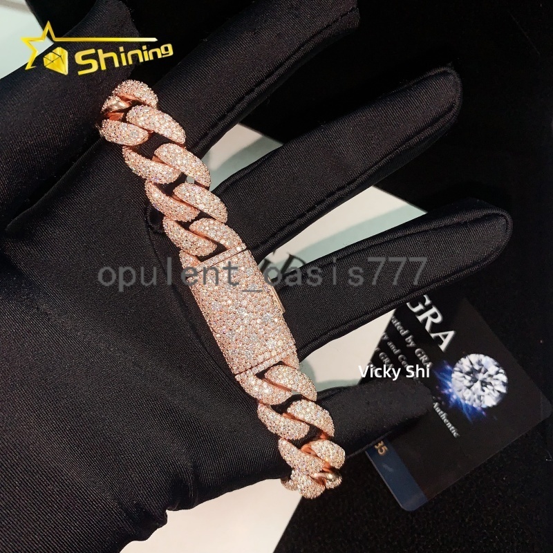 Rose Gold Color Iced Out 14mm Mosaic Setting Moissnaite Cuban Link Bracelet Custom Men 925 Silver VVS1 Moissanite Bracelet
