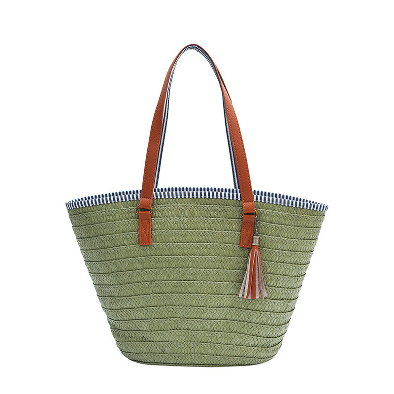 Free Shipping High Value Large Capacity Straw Tote Bag for Women Beach Bag with Leather Handle Tassel Decor