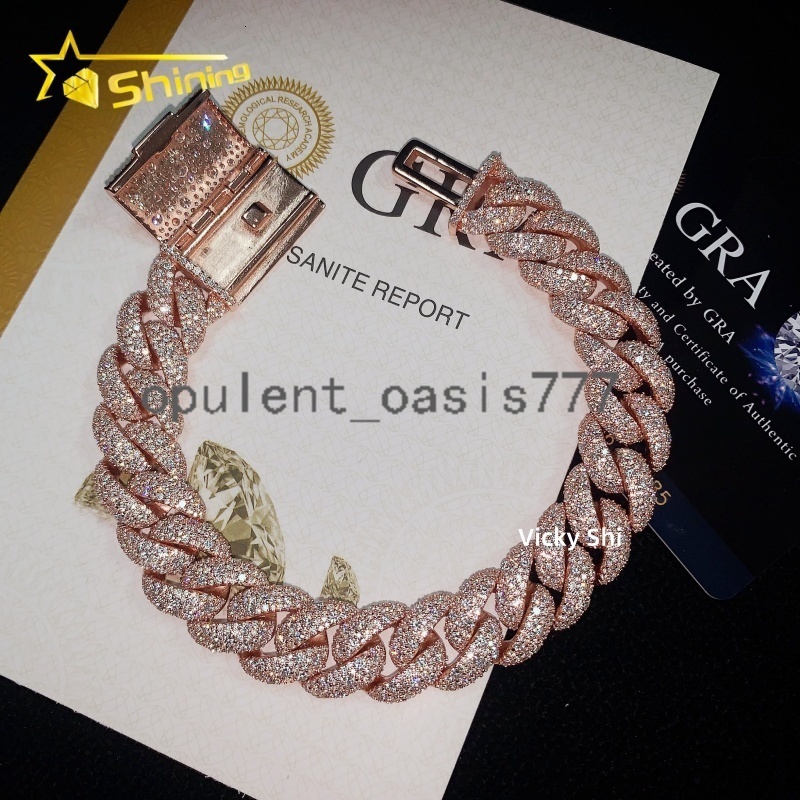 Rose Gold Color Iced Out 14mm Mosaic Setting Moissnaite Cuban Link Bracelet Custom Men 925 Silver VVS1 Moissanite Bracelet