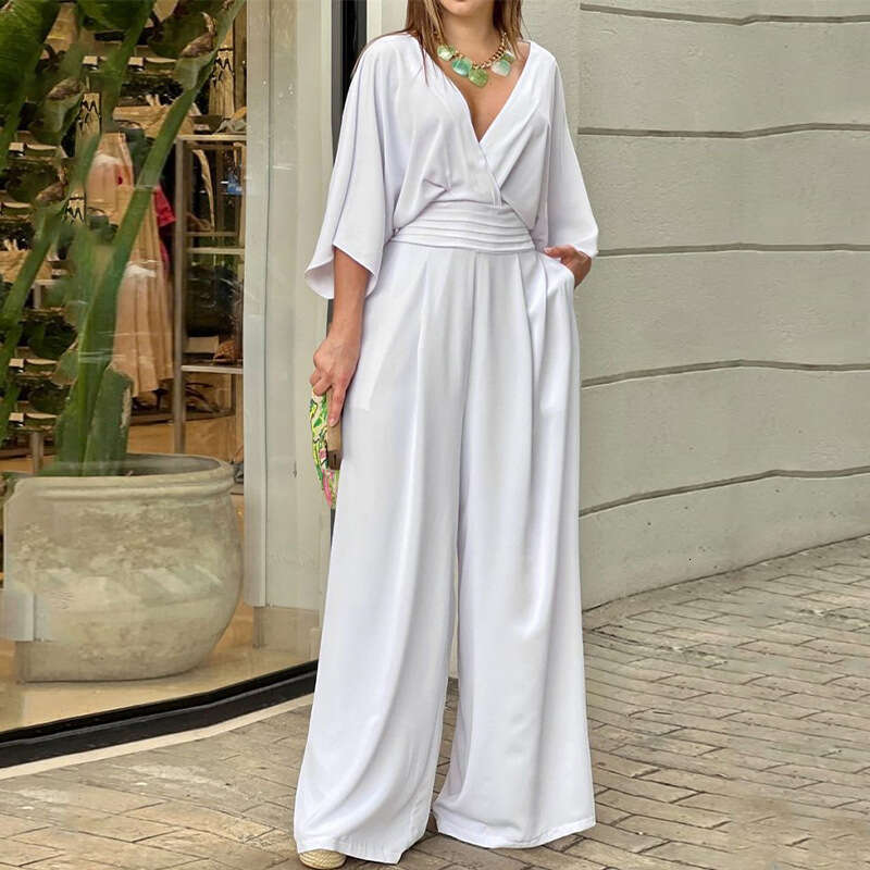 2026 Spring New Collection: Cross-Border European and American Foreign Trade Women's Clothing - Elegant Casual V-Neck Slim-Fit Solid Color Wide-L