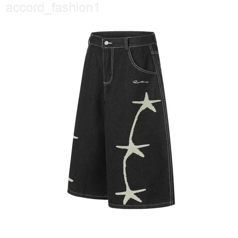 FEWQ 2026 New American Retro Mens Denim Shorts Star Embroidered Decoration Straight Leg Male Pants 24W1341 H260330