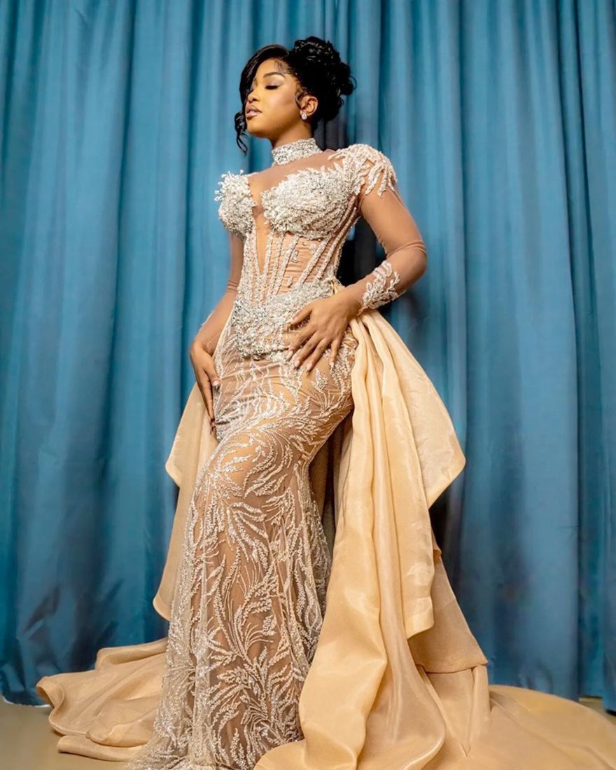 2026 Champagne Mermaid Dresses Bridal Gowns With Detachable Train Illusion Long Sleeves High Neck Beaded Lace Wedding Gown for African Black Women ZD1