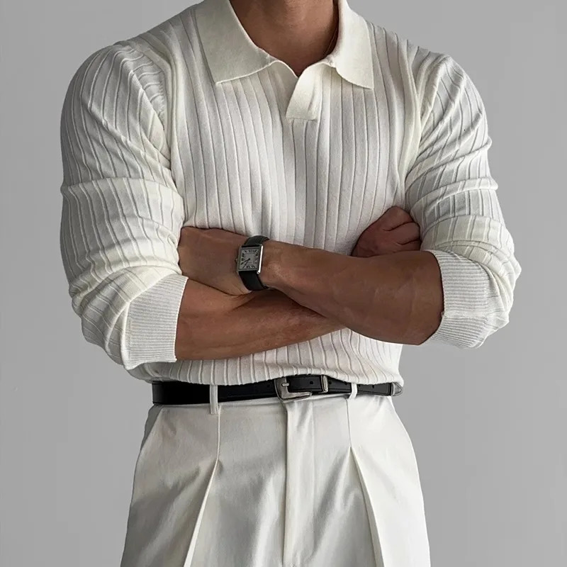 Spring Mens Clothing Retro Knit Lapel Striped Polo Shirt Solid Color Long Sleeve Fashion Light y Knitwear 3Xl 260327