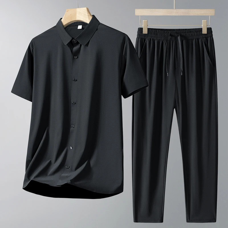 Men Short Sleeve Shirt Casual Sport Outfit For Middle Aged Dad Bamboo Fiber Polo Shirt And Pants Two Piece Set 260324
