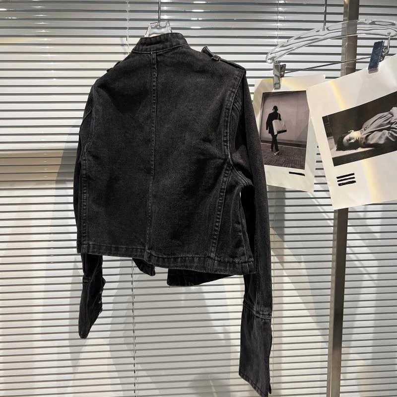 Punk Style Black Stand Up Collar Denim Jackets Vintage Washed Motor Coat For Women 2025 Autumn New Loose Long Sleeve OuterwearT260328