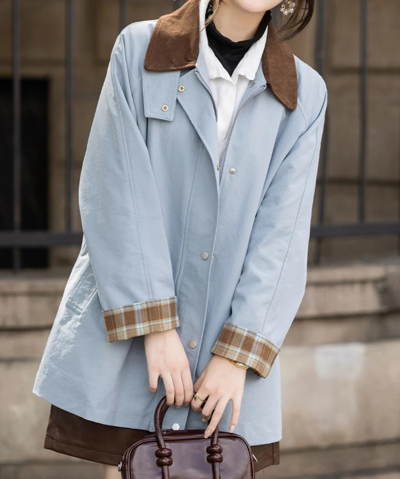 SuperAen Korean Style Autumn Retro Stand-up Collar Drawstring Waist Long-sleeved Jackets Women Trench 260327