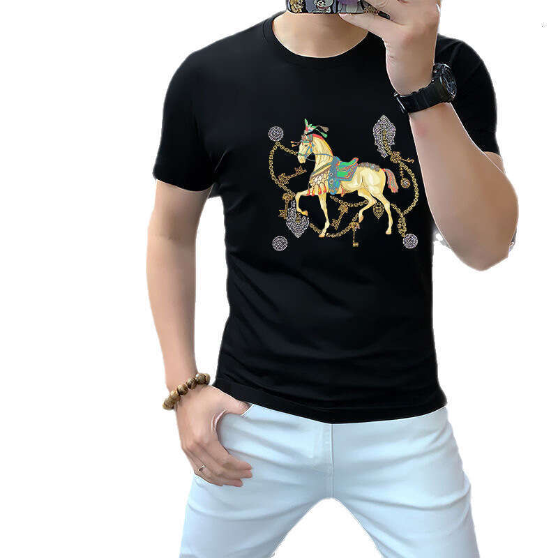 Ice Silk European Station 2026 Summer New Fashion Mens Trendy Rhinestone Short Sleeve T-Shirt Base Shirt