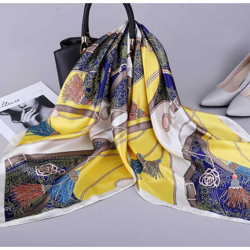 Fashion Kerchief Silk Satin Neck Scarf For Wen Print Hijab Scarfs Fem 9090cm Square Shawls and Wraps Scarves For Lady X260328