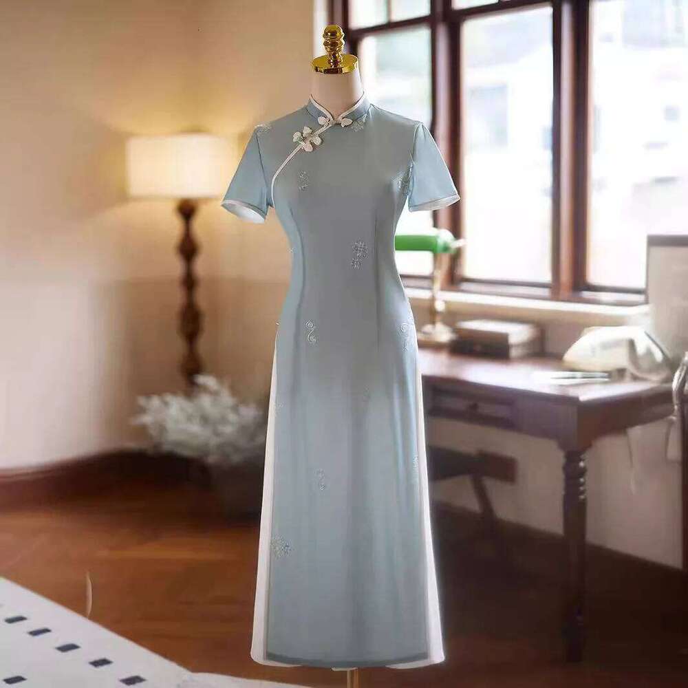 New Women Blue Long Cheongsam Summer Short Sleeve Elegant Vintage Embroidery Dress Gentle Qipao S To 2Xl High-Fashion MAKOUFEI