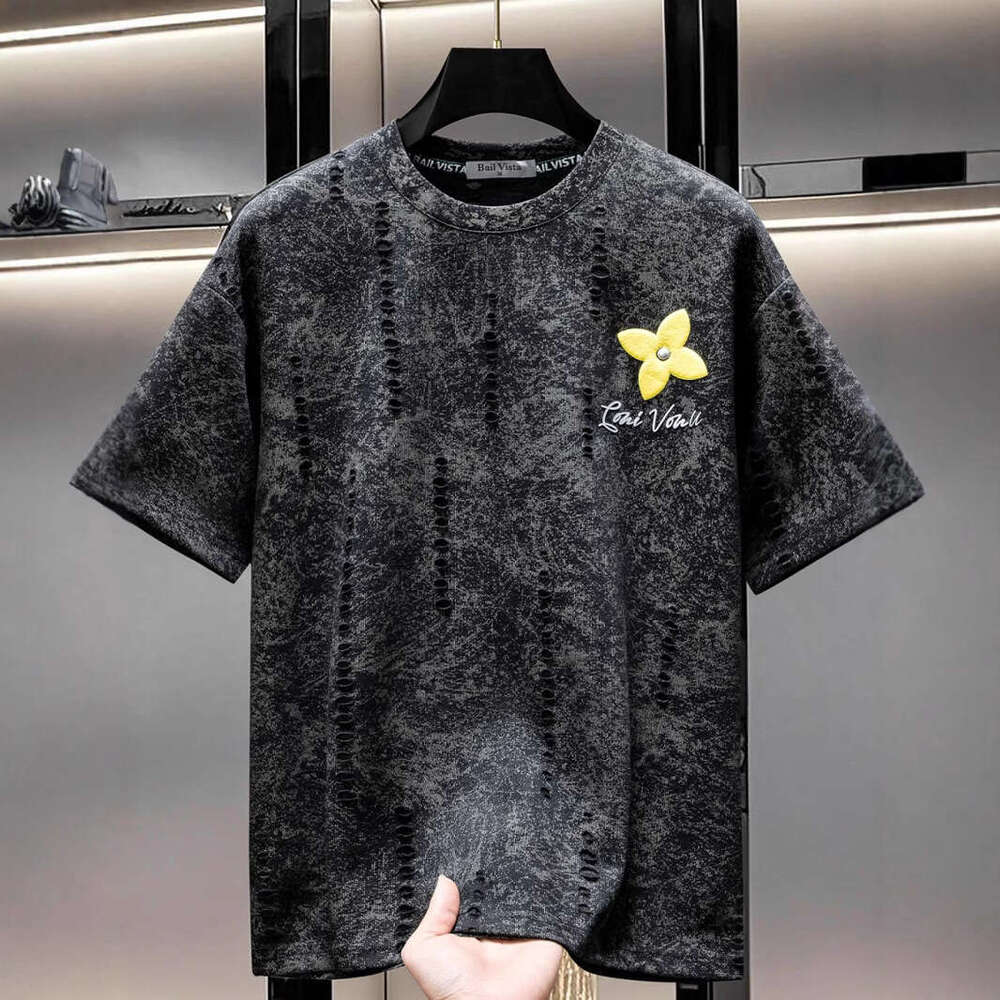European fashion design distressed printed short-sleeve T-shirt luxury summer round neck loose trendy versatile half-sleeve shirt