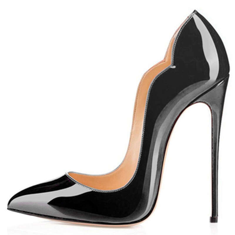 Women 12CM black leather high heels for women, stiletto heel, pointed toe, shallow cut, party solid color single shoes, large size wedding shoes