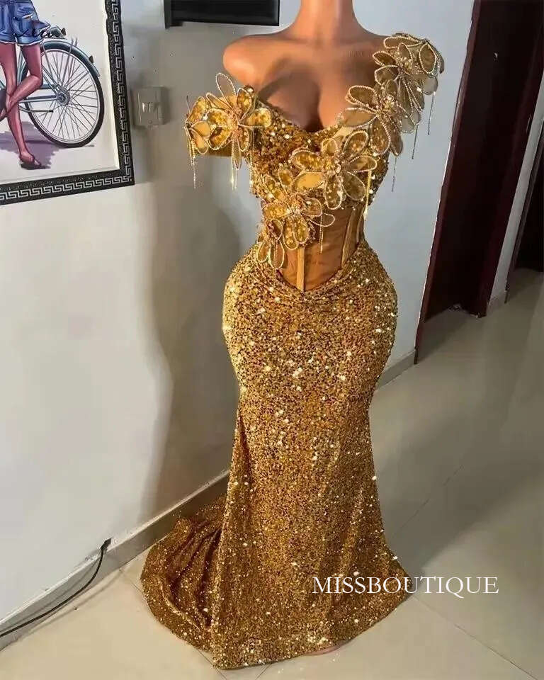 Sparkly Gold Long Prom Dress 2026 Beading Crystals Appliques Sequins Birthday Party Reception Gown Customized D0330